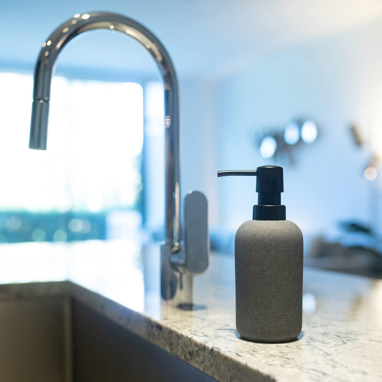 Varato Design Grey Stone Round Soap Dispenser and Line Shower Curtain Bathroom Accessories Set - 3 Pieces