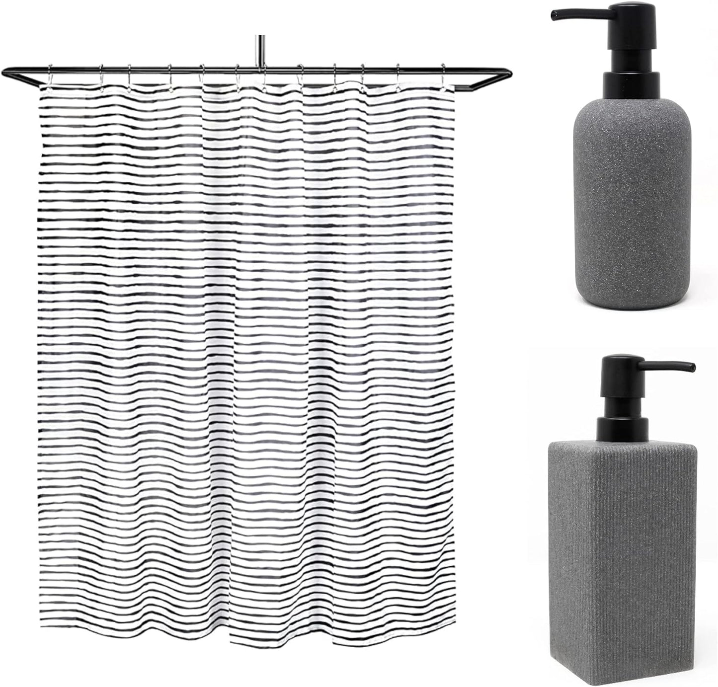 Varato Design Grey Stone Round Soap Dispenser and Line Shower Curtain Bathroom Accessories Set - 3 Pieces